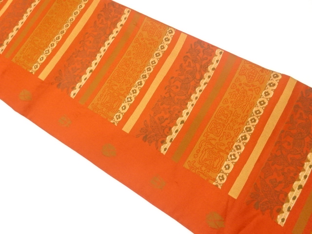 リサイクル　横段に花鳥模様織出し袋帯